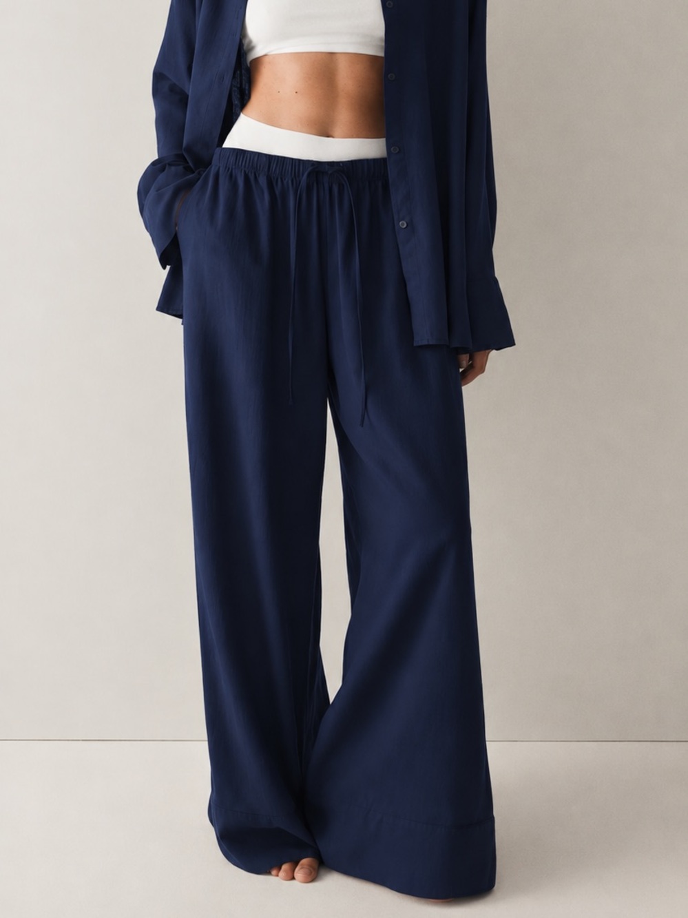 H&M Wide-Leg Linen-Blend Drawstring Navy Pants Size XL